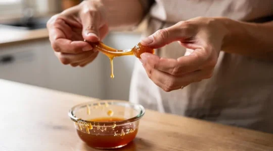 Mains étirant une boule de cire orientale ambrée pour vérifier sa souplesse et sa consistance après refroidissement.