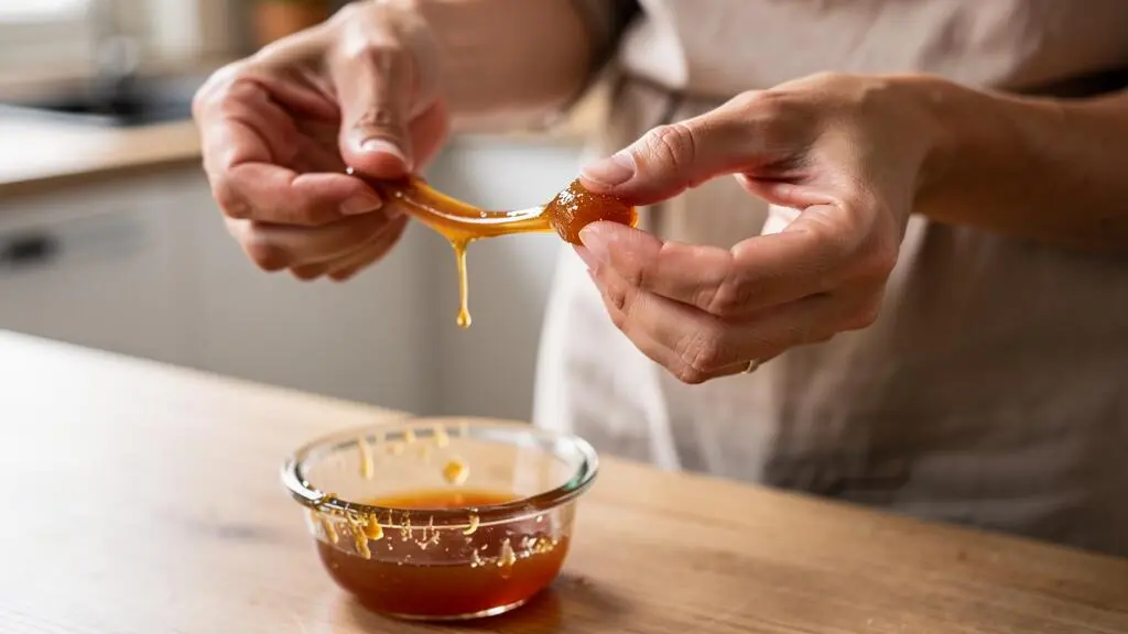 Mains étirant une boule de cire orientale ambrée pour vérifier sa souplesse et sa consistance après refroidissement.