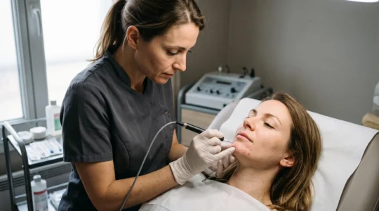 Une électrolyste traite avec une aiguille fine la zone du menton d'une cliente allongée dans un institut de beauté en France.