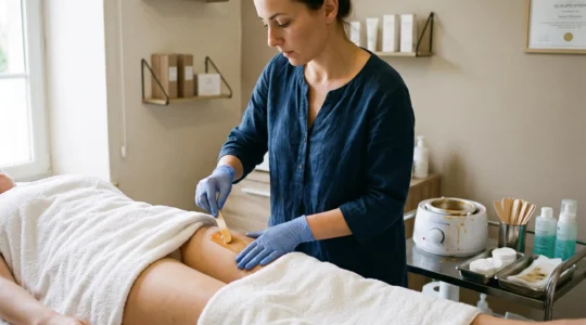 Une esthéticienne gantée applique de la cire tiède au spatule sur la peau d'une cliente allongée dans un institut de beauté.