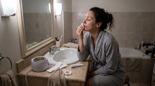 Une femme applique une compresse fraîche sur sa lèvre supérieure rouge après une épilation à la cire dans une salle de bain, devant le miroir.