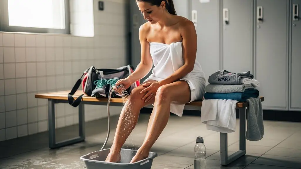 Une femme assise sur un banc de vestiaire rince ses jambes à l'eau tiède après un entraînement, son sac de sport et sa serviette posés à côté d'elle.