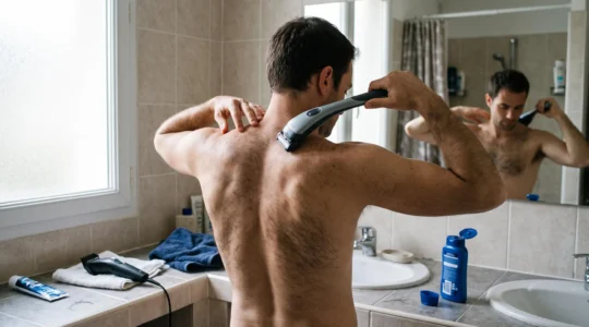 Un homme utilise un épilateur à long manche pour épiler son dos seul dans une salle de bain, avec une tondeuse corporelle posée sur le plan de travail.