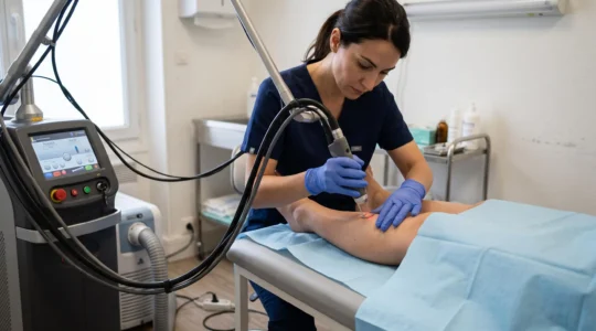 Un praticien réalise une séance d'épilation laser sur une patiente allongée dans une salle de soins esthétiques.