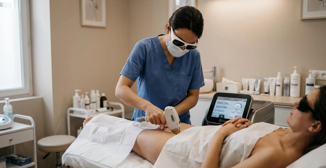 Une praticienne réalise une séance d'épilation laser au maillot sur une cliente allongée portant des lunettes de protection dans un cabinet esthétique.