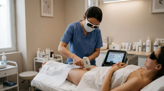 Une praticienne réalise une séance d'épilation laser au maillot sur une cliente allongée portant des lunettes de protection dans un cabinet esthétique.