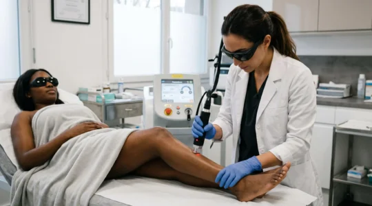 Une praticienne en gants blancs réalise une séance d'épilation laser au Nd:YAG sur la jambe d'une patiente à la peau mate dans un cabinet esthétique.